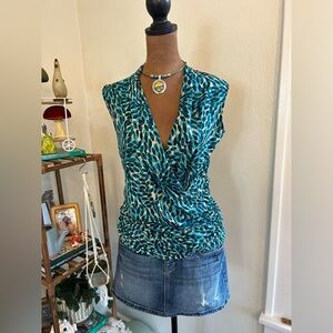 Y2K 90s Office Siren Wet Seal Teal Blue & Cream Oval Geometric Ruched V-NeckTop